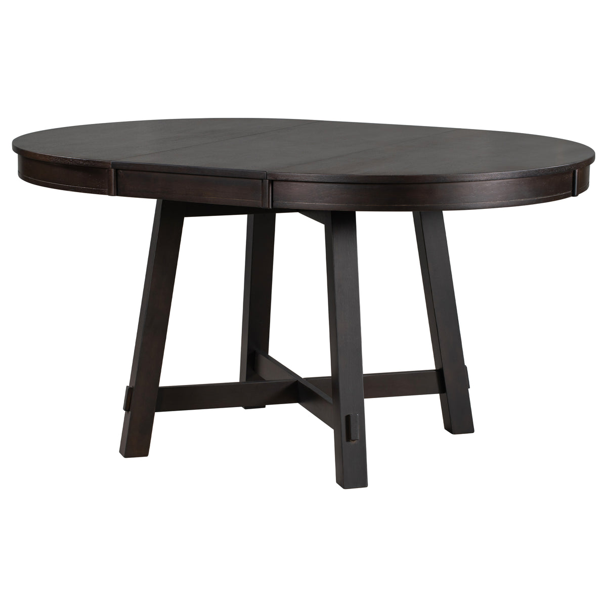 Espresso round extendable dining table shown extended to an oval, three-quarter view on white studio background