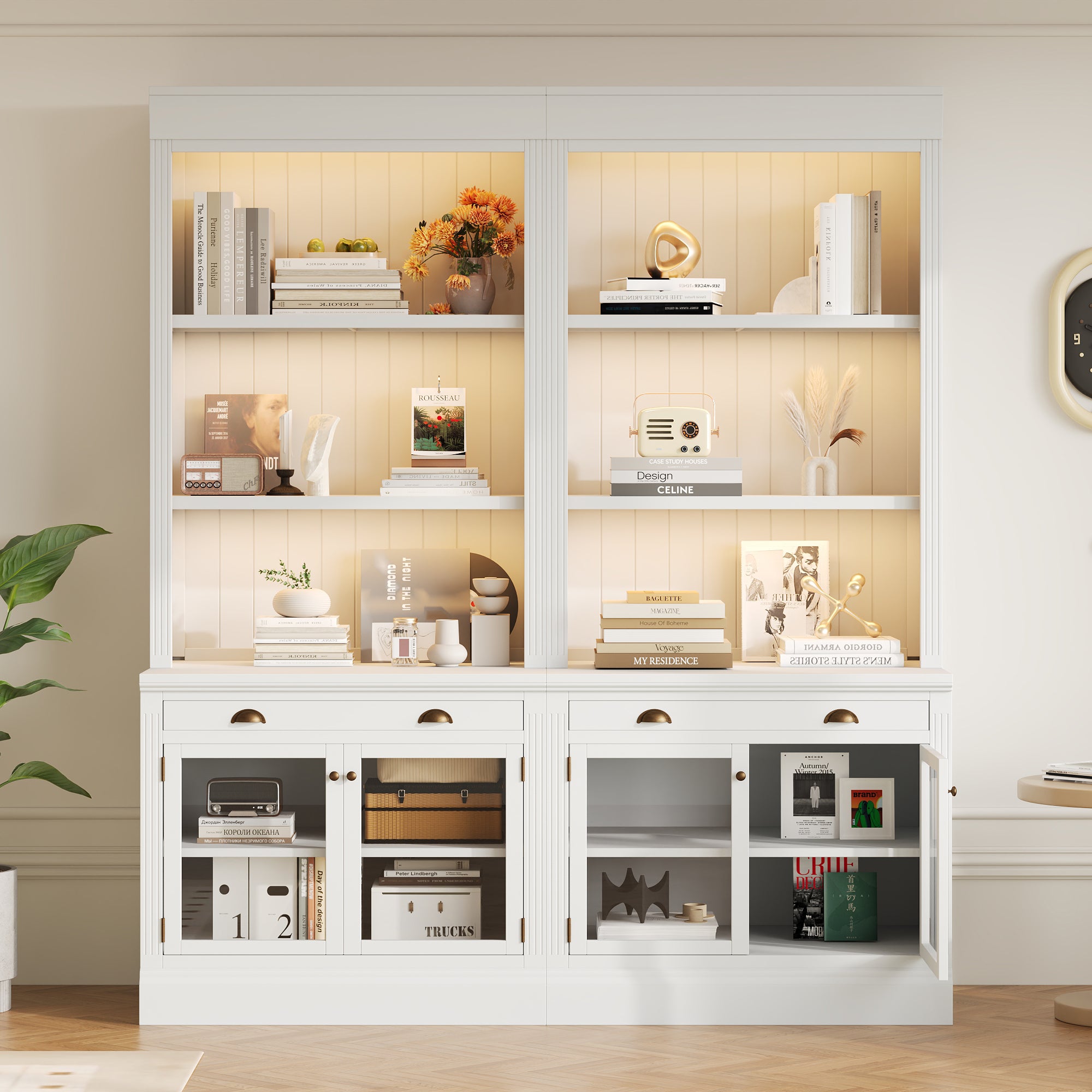 Modern Bookcase, Glass Doors, 1 Drawer, LED Lighting, 83.4 in Tall