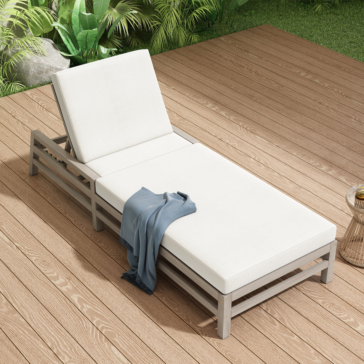 Gray Solid Wood Adjustable Outdoor Chaise Lounge with Cushions