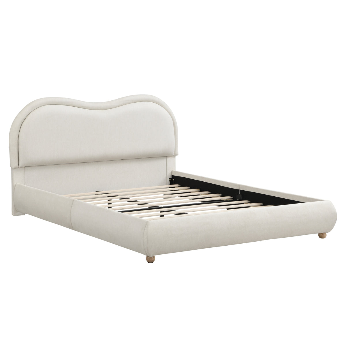 Front-angled beige chenille bed frame with wavy headboard and wood slats, white background