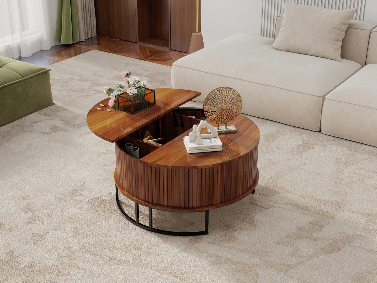 Walnut Fluted Round Lift-Top Coffee Table with Storage, 31.5 in