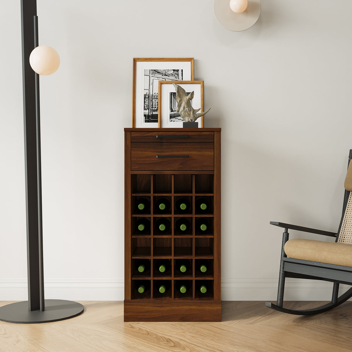 Walnut Wine Bar Cabinet with Drawer, Modular Bottle Rack Storage
