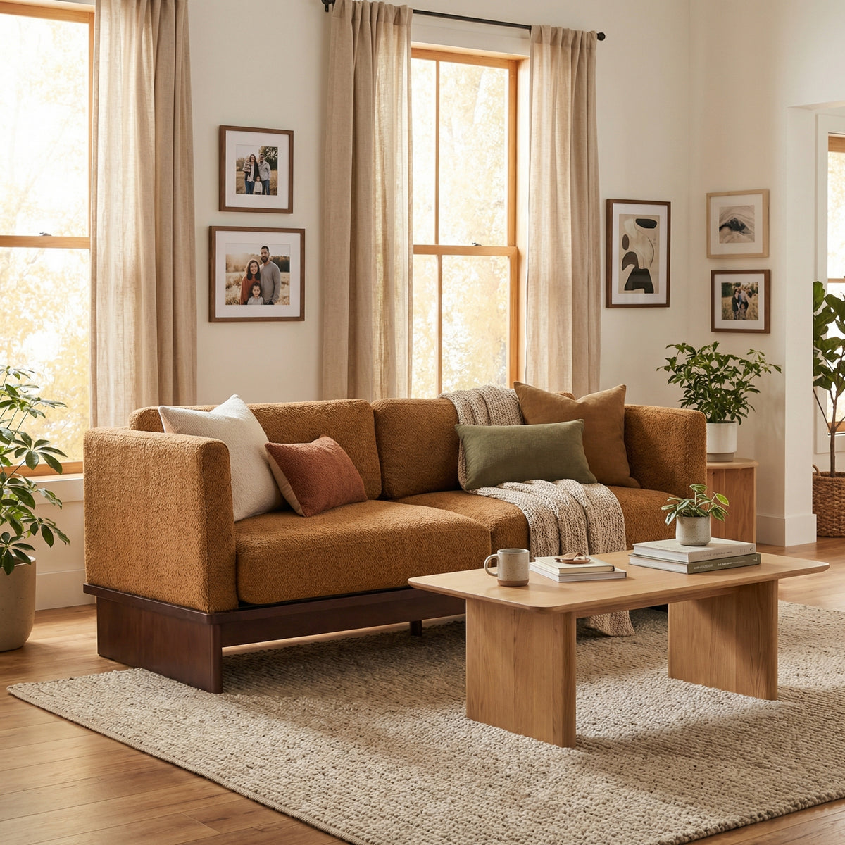 Camel Boucle 3-Seat Couch, 77 in Wide
