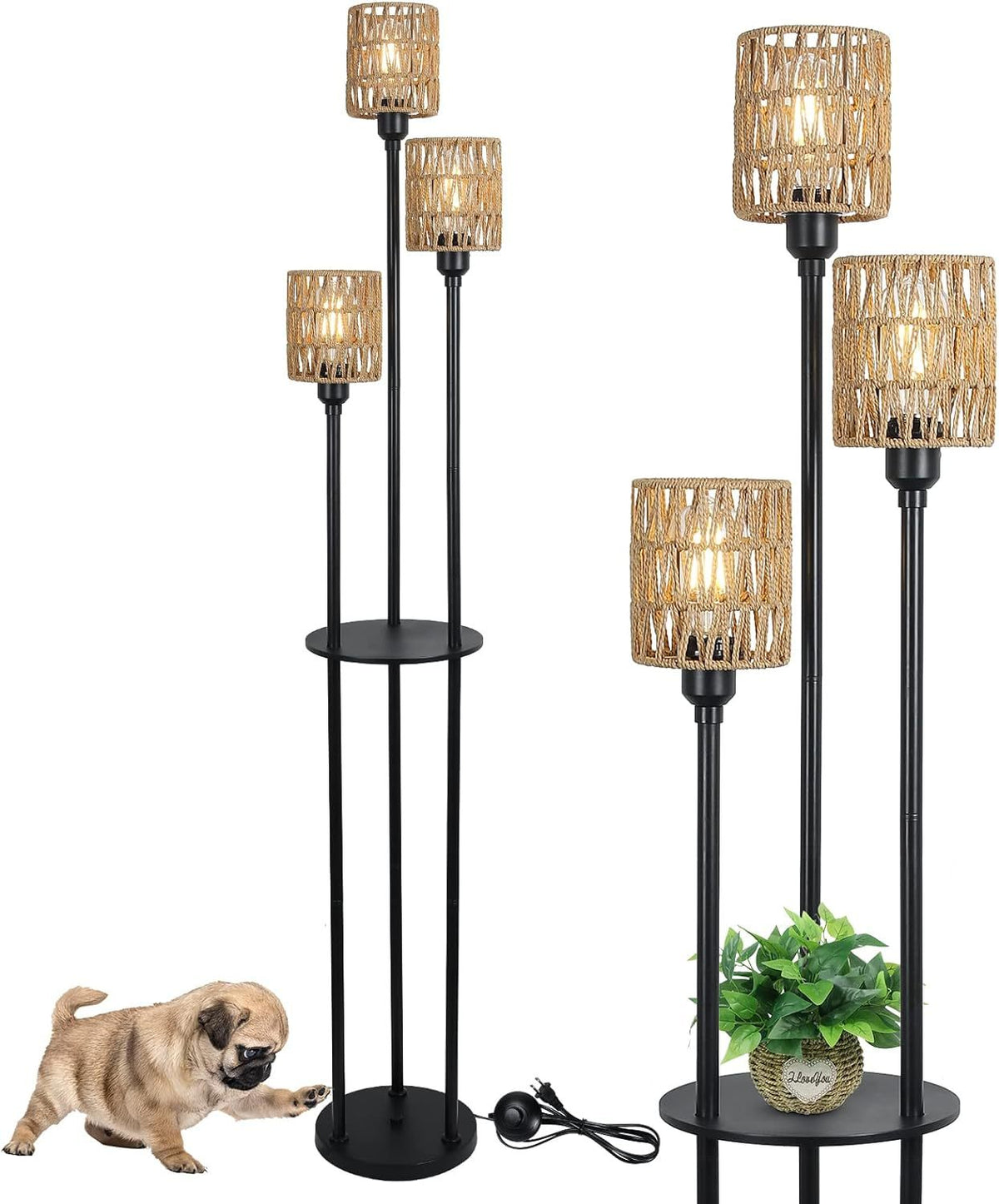 Brown and Black Farmhouse Floor Lamp, Rattan and Metal