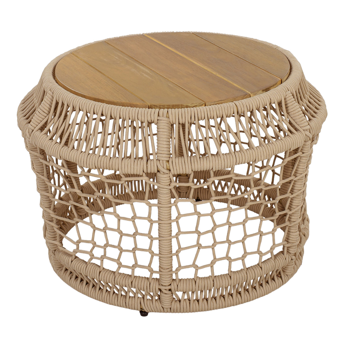 Outdoor Side Table, Teak Finish Wood Top, Light Beige Rope Frame, 17.3 in Tall