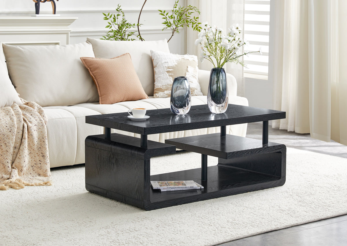 Black Wood Grain Three-Tier Coffee Table with Storage, 43.5 in