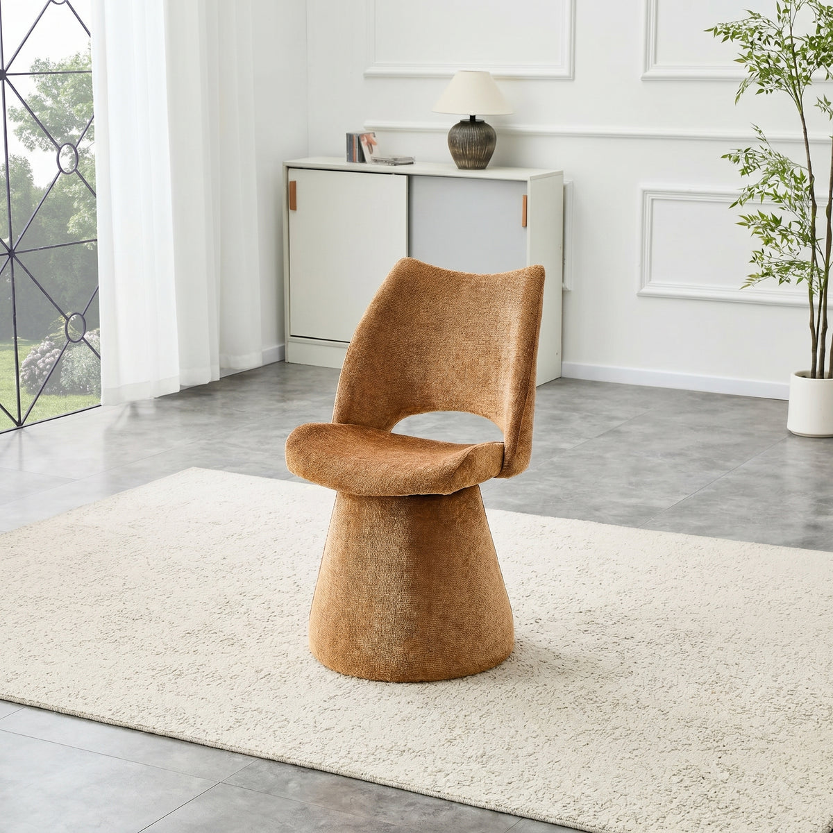 Upholstered Swivel Dining Chair, Caramel Brown with Open Curved Back