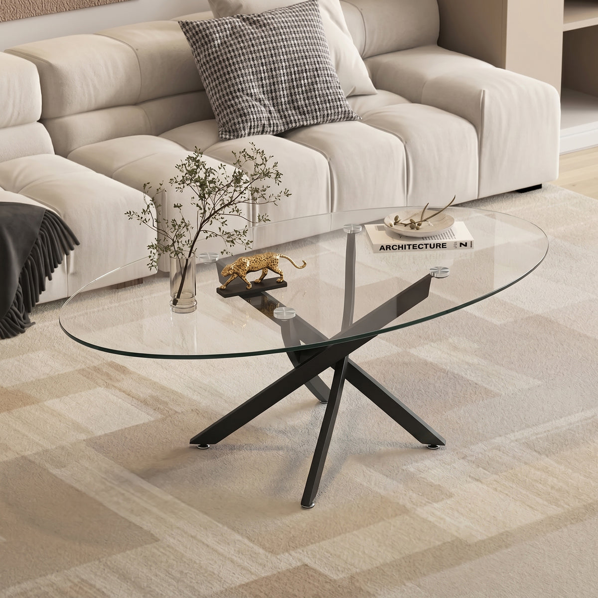 Black Crisscross-Leg Oval Glass-Top Coffee Table, 39.4 in