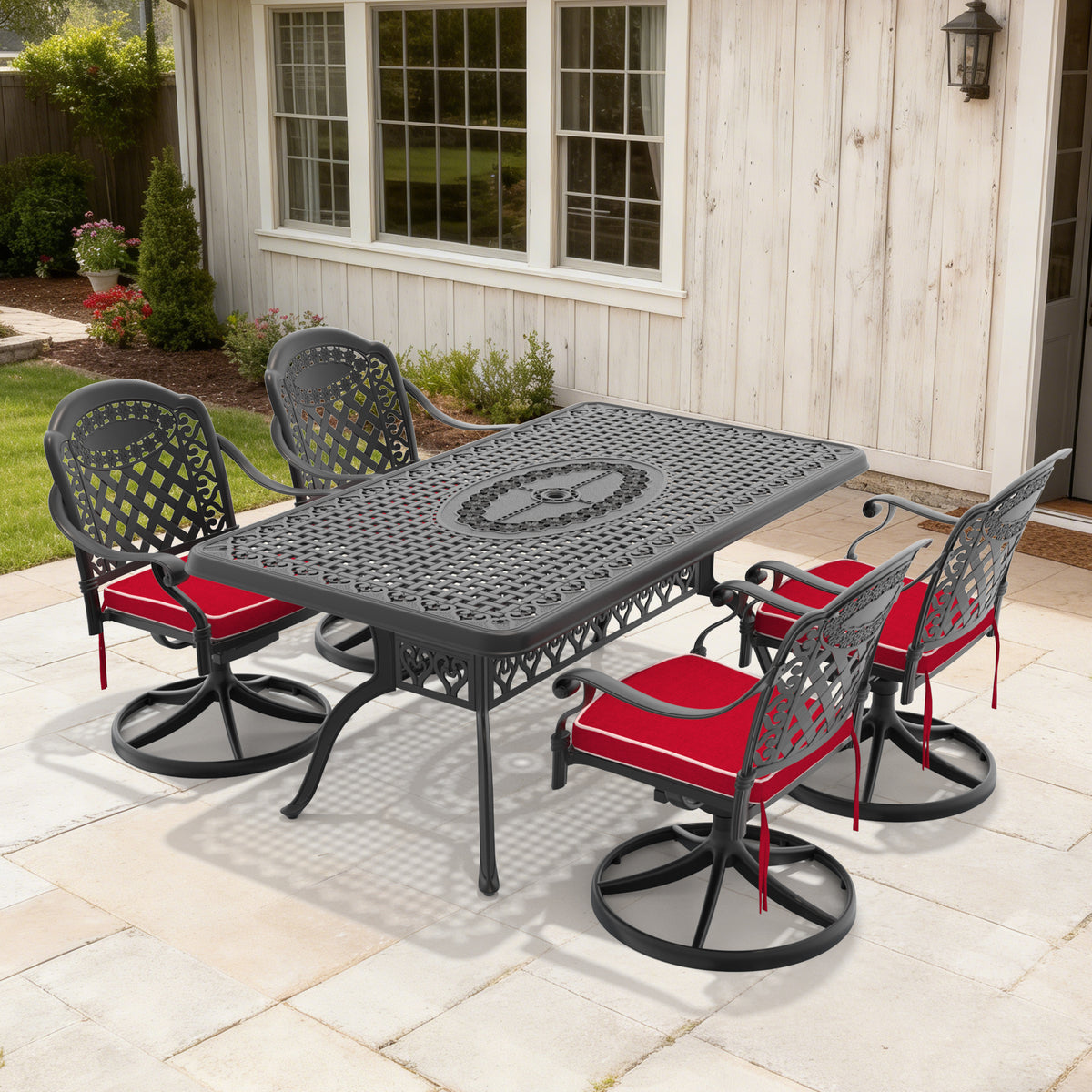 Black Aluminum 5-Piece Patio Dining Set for 4 with Cushions, Swivel
