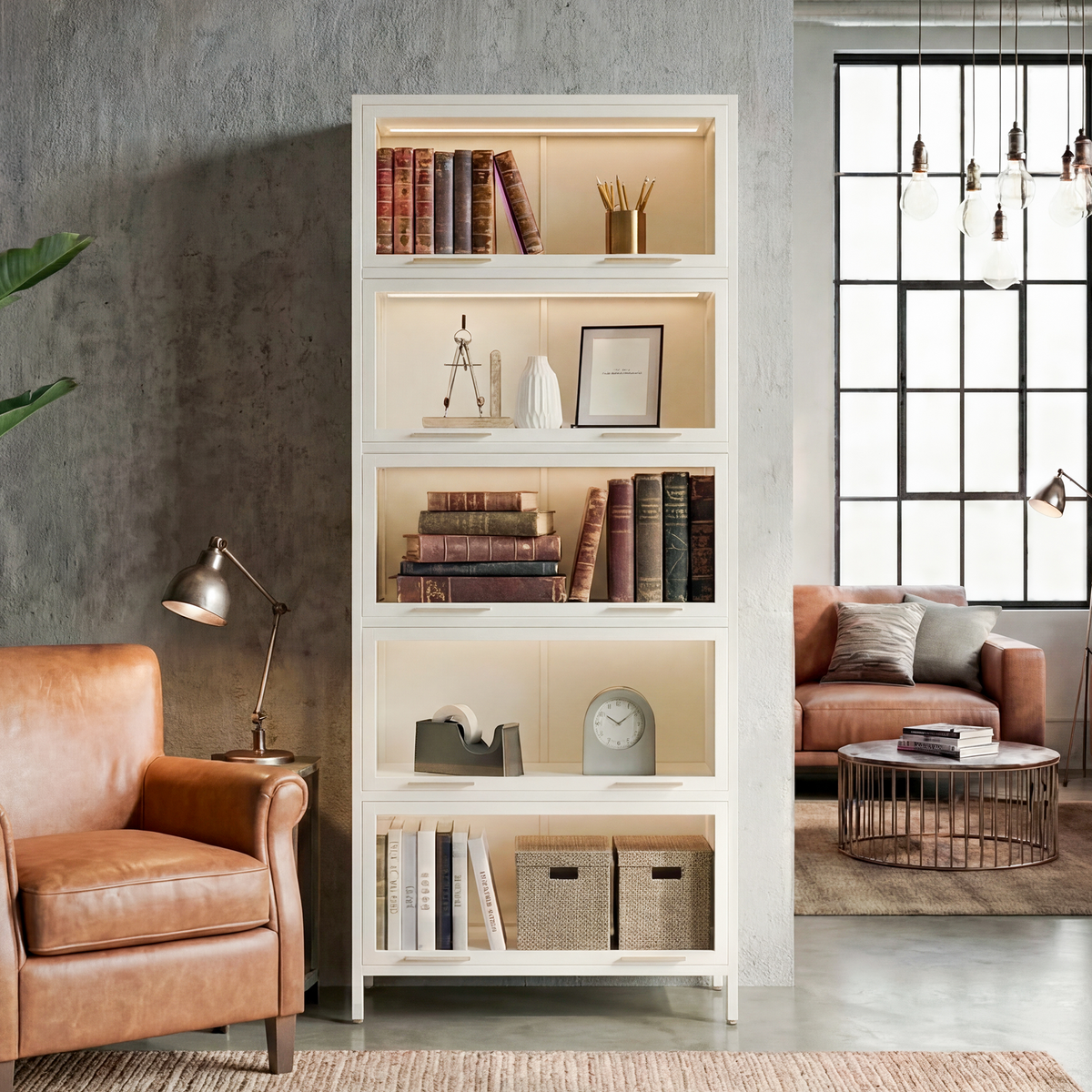 Iron Display Cabinet, White 5-Tier with Glass Doors and LED Lights