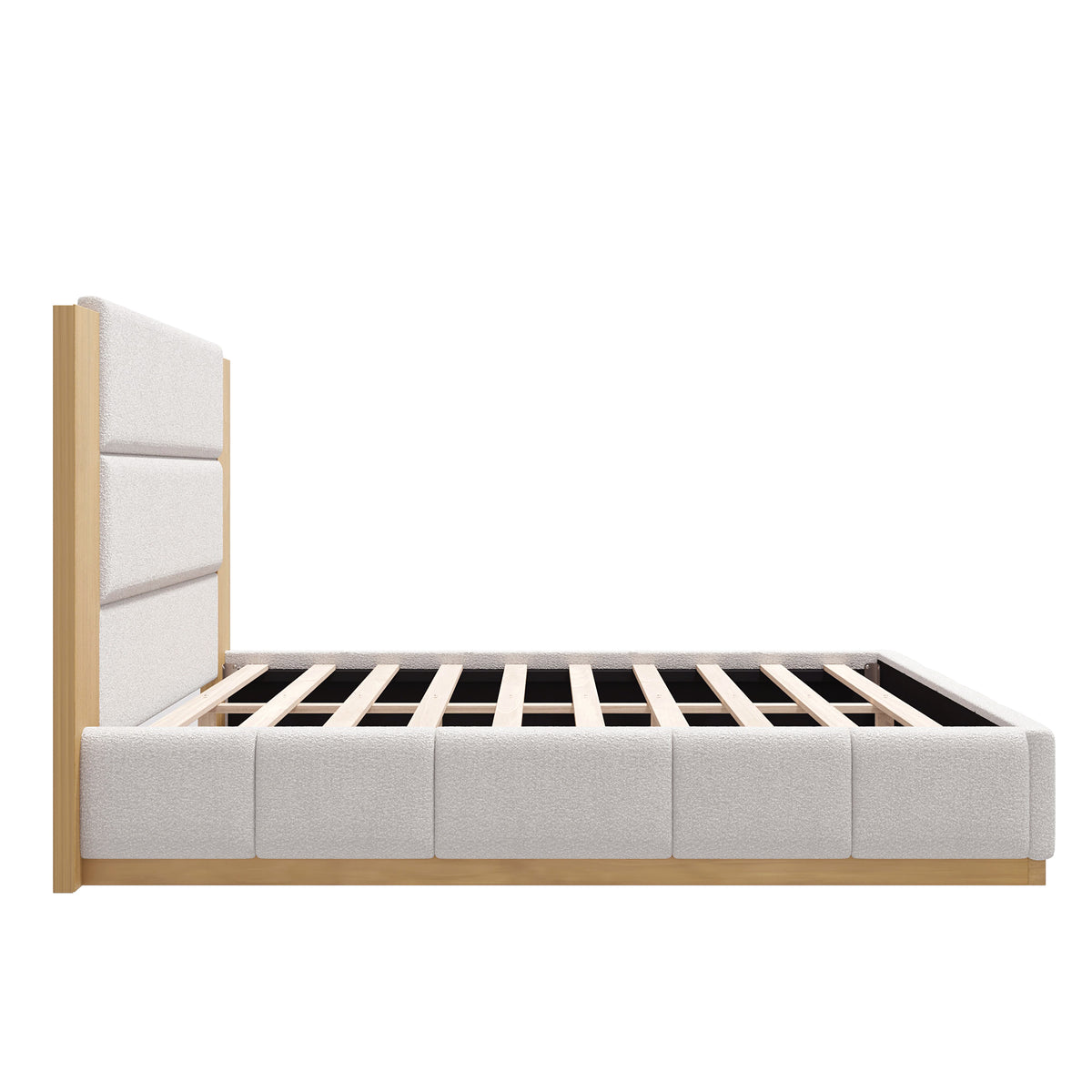 White boucle queen bed frame with extended wood headboard, alternate view