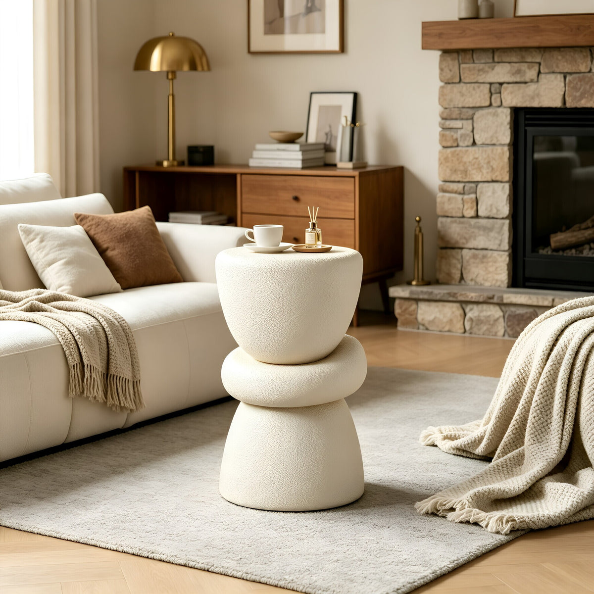 Cream Fiberglass Stacked Sculptural Side Table, 16.1 in