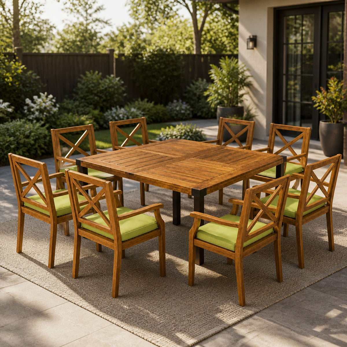 Teak Finish Solid Wood 9-Piece Patio Dining Set for 8, Square