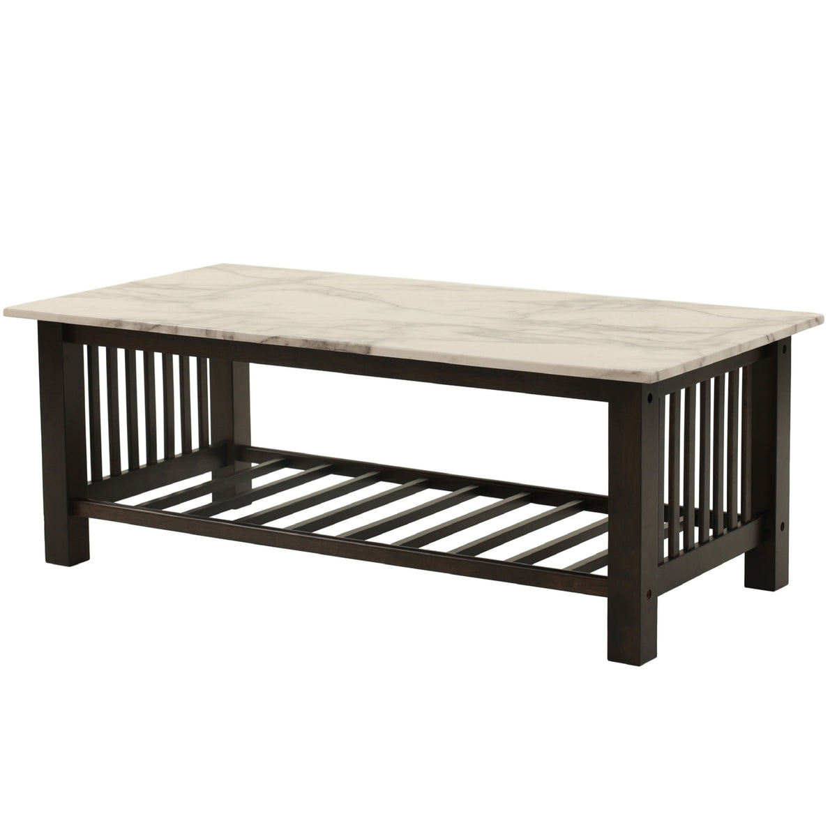 Dark Brown Faux Marble Top Rectangular Coffee Table with Shelf, 47 in
