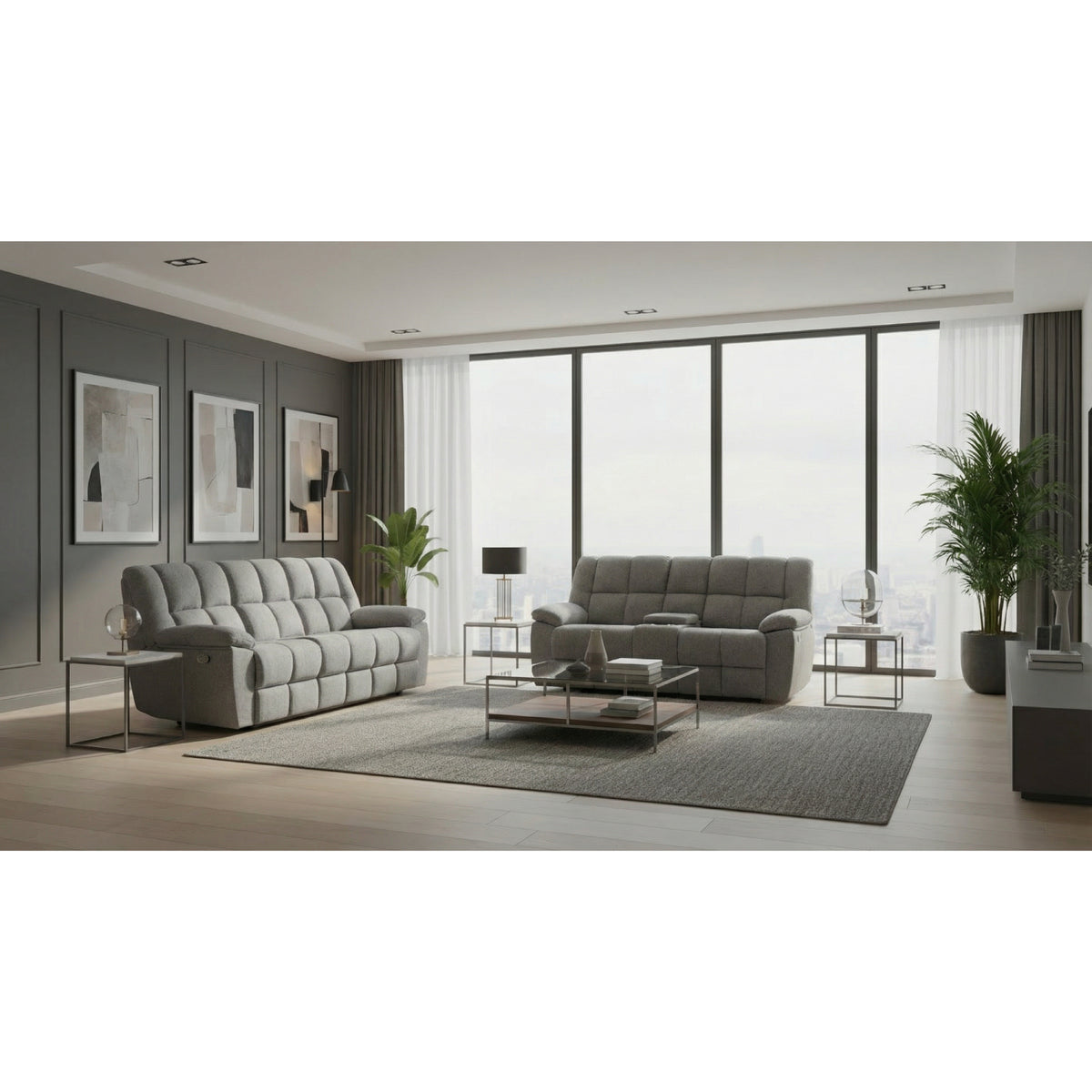 Gray Reclining Sofa and Loveseat Set with Console, Biscuit Cushions