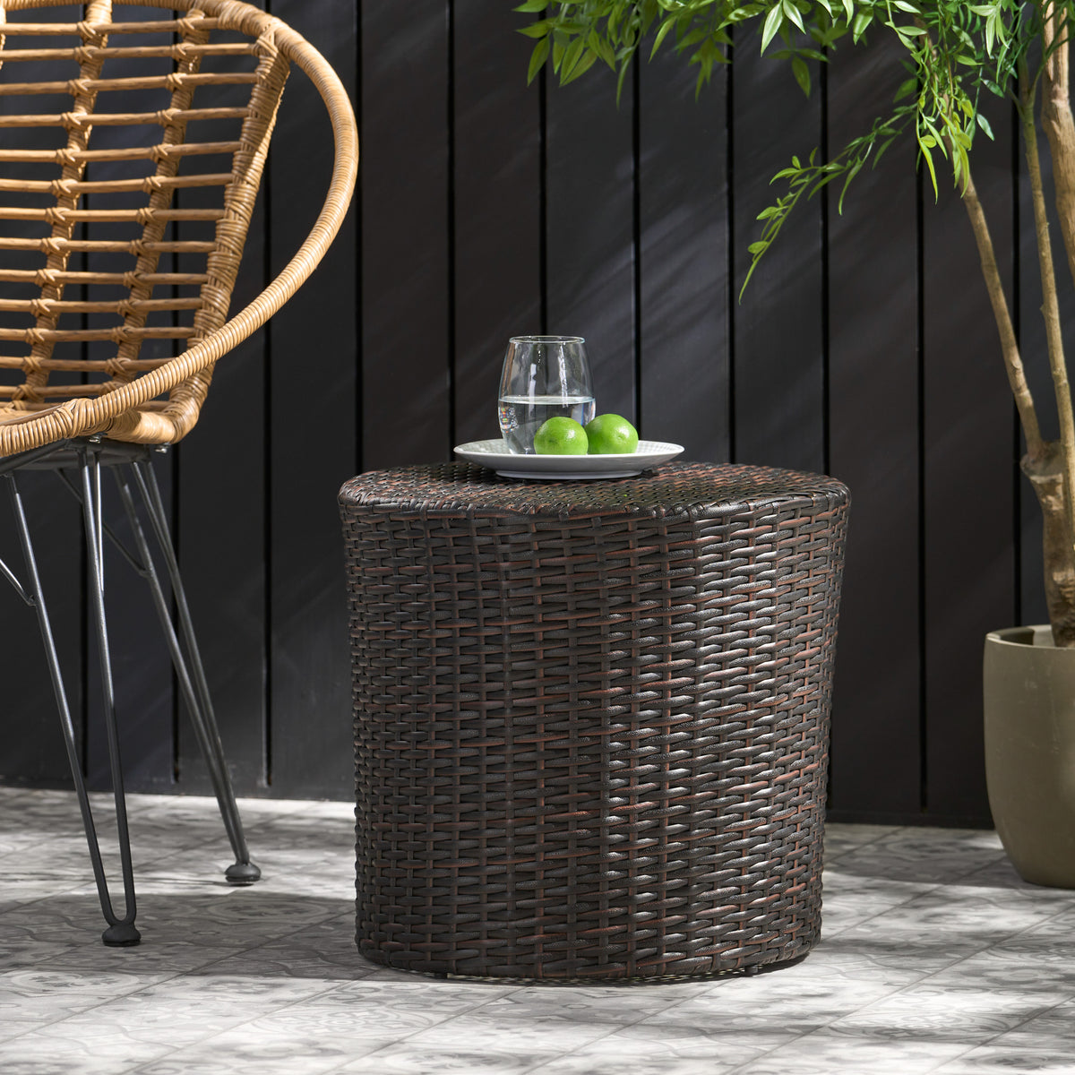 Brown Wicker Outdoor Side Table, 16.8 in Tall