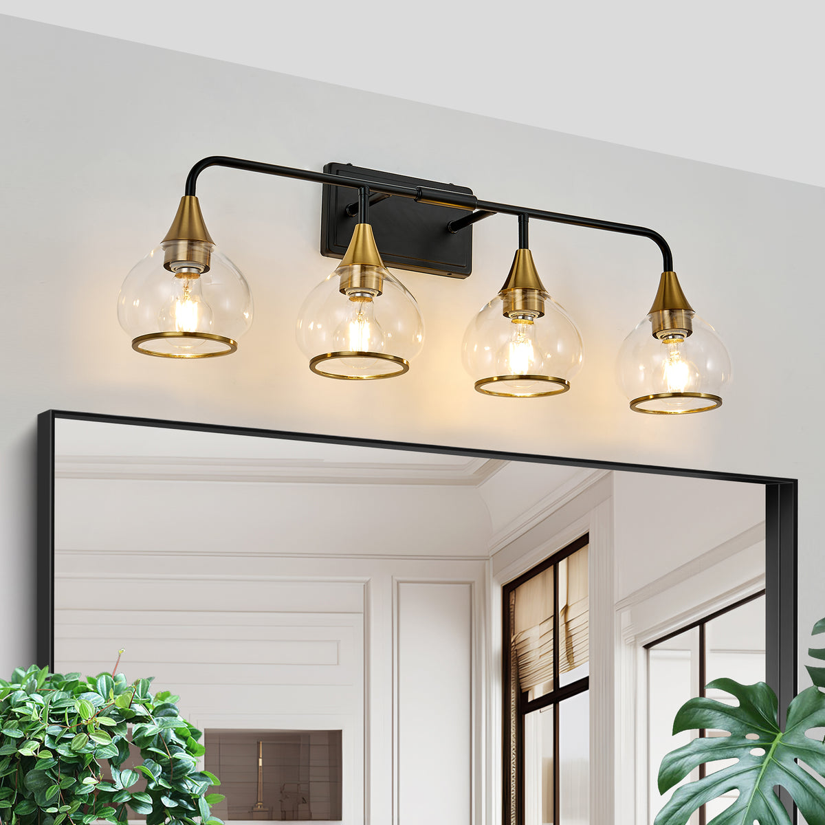 Vanity Light with Glass Shades, 4-Light, Black and Gold