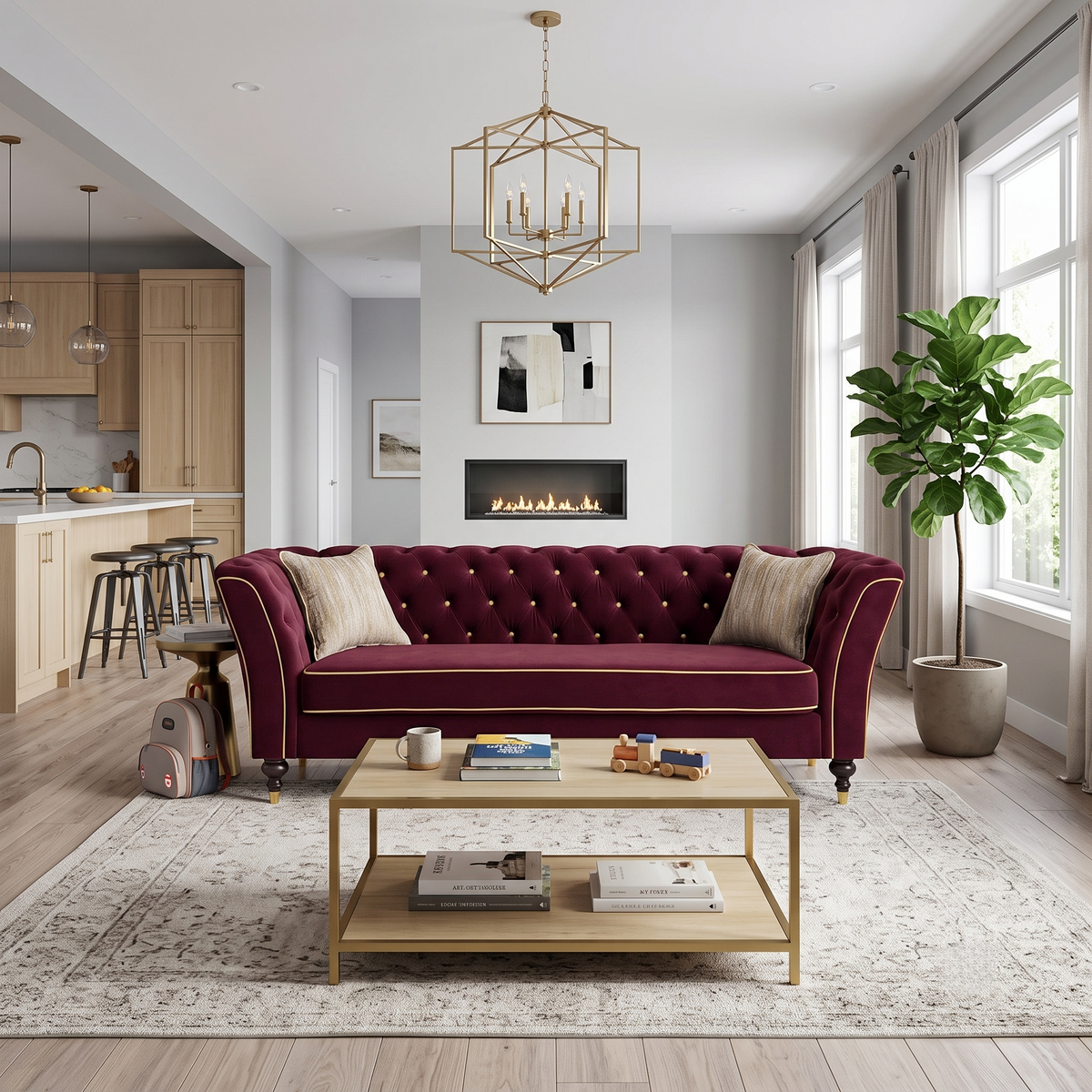 Wine Red 3-Seat Tufted Chesterfield Sofa, 89.5 in Wide