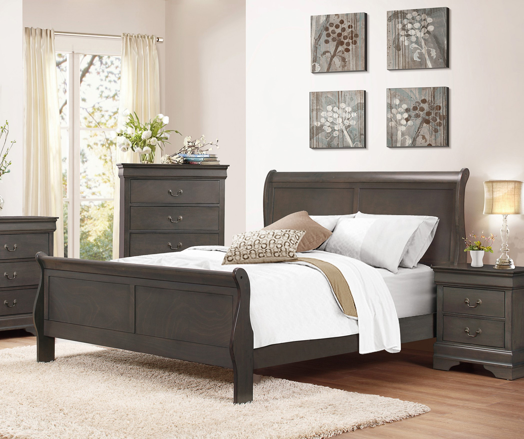Queen Sleigh Bed Frame, Stained Gray Finish