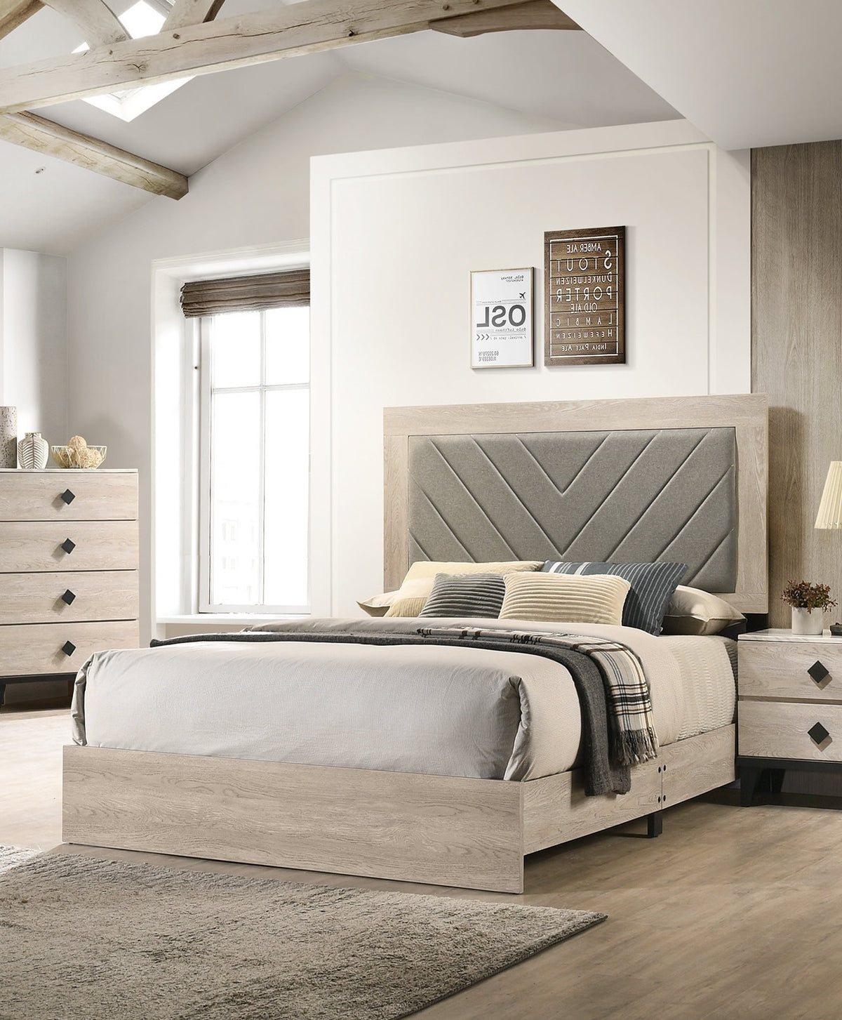 King Bed Frame with Upholstered Headboard, Solid Wood
