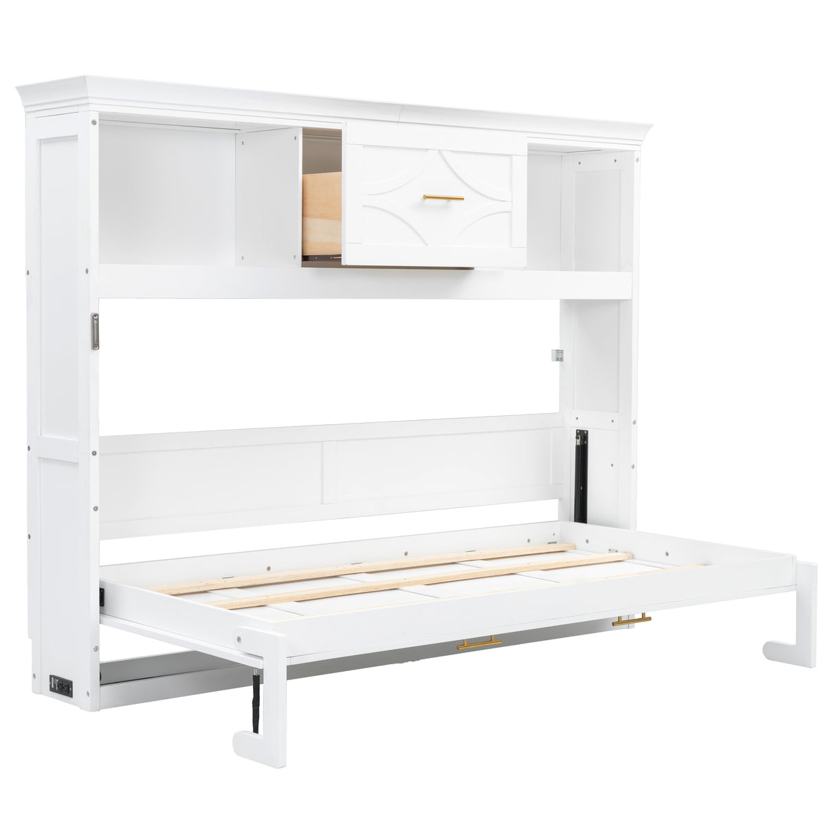 White Twin Murphy Bed with Drawer and Charging Station