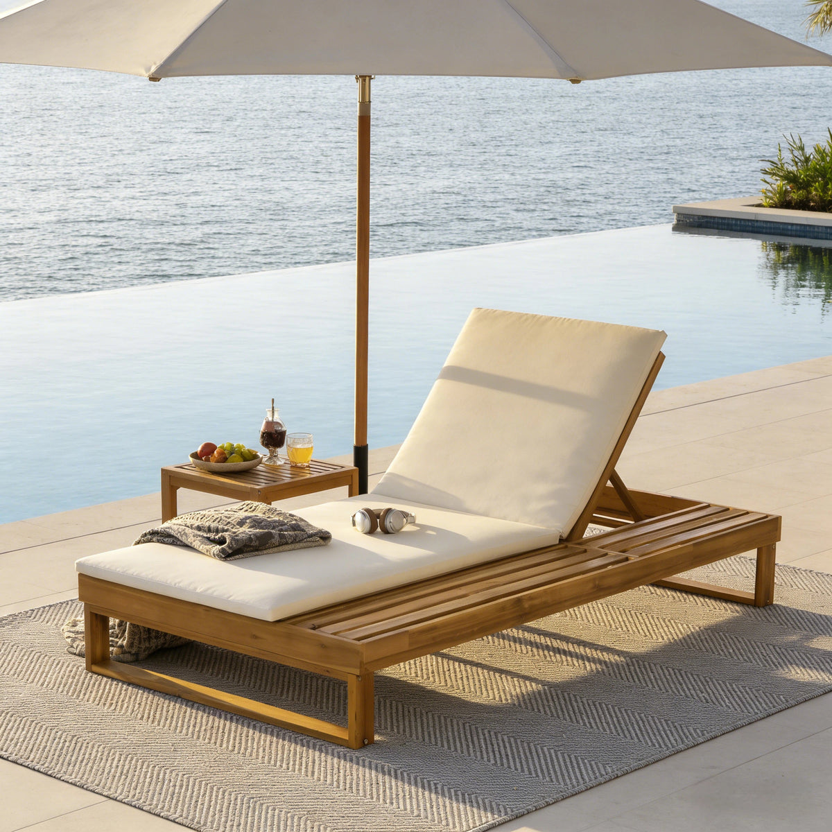 Teak Finish Solid Wood Outdoor Chaise Lounge, Cream Cushion, 2-Fold Cushion