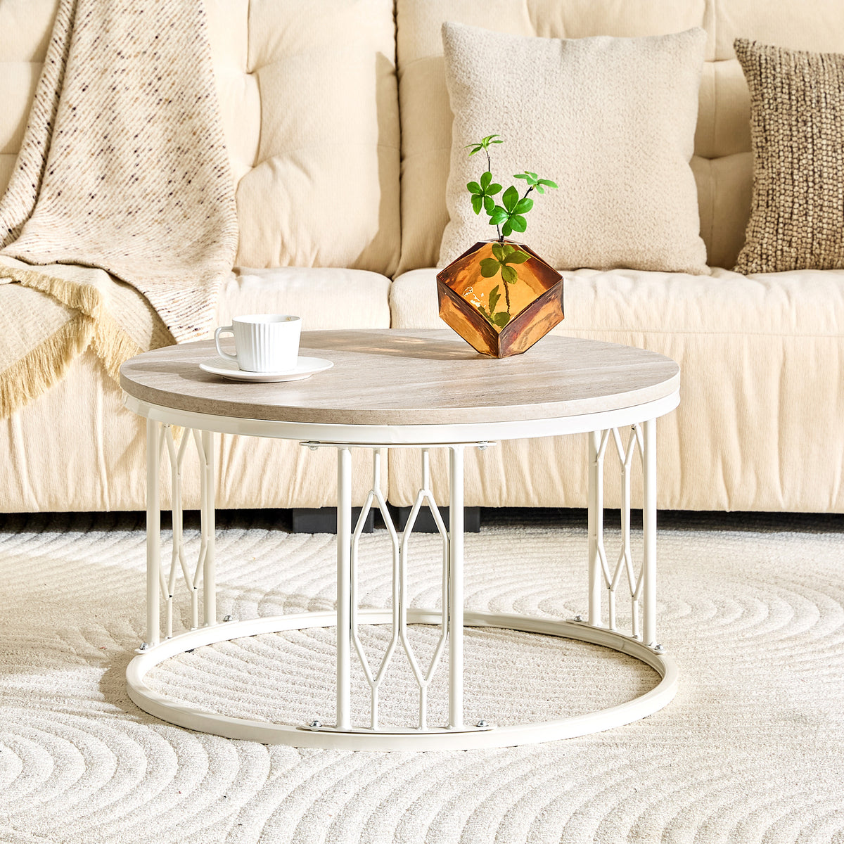 Beige and White Travertine-Look Round Coffee Table, 27.5 in