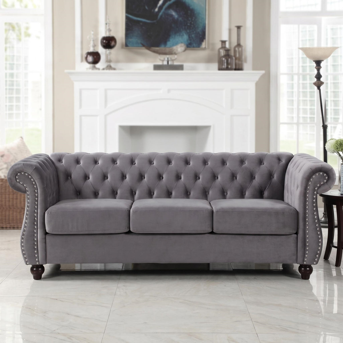 Gray Velvet 3-Seat Tufted Chesterfield Sofa