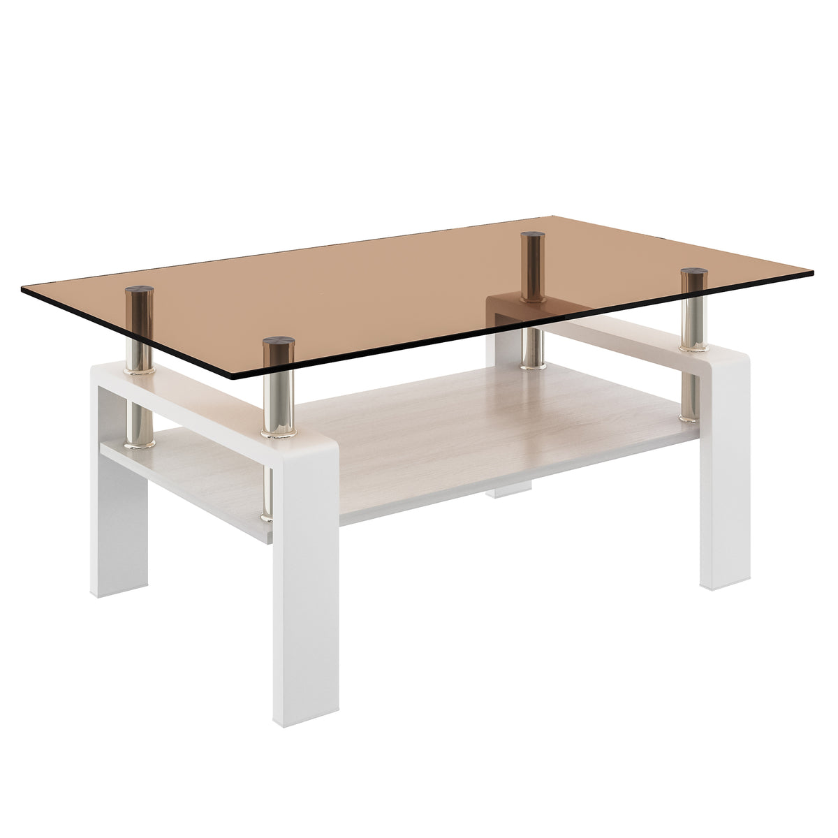Brown and White Glass-Top Rectangular Coffee Table with Shelf, 39.2 in