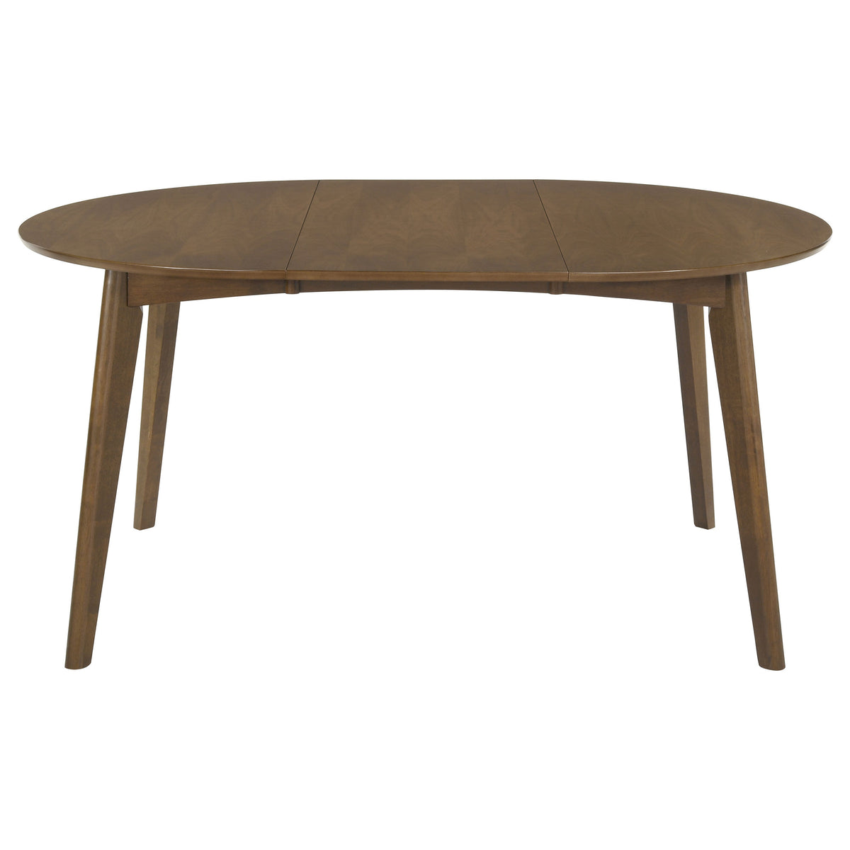 Walnut oval dining table, long-side view on white studio background