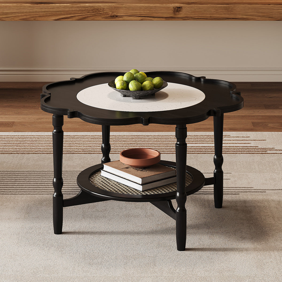 Black Crackle Glass Petal Coffee Table with Rattan Shelf, 31.5 in
