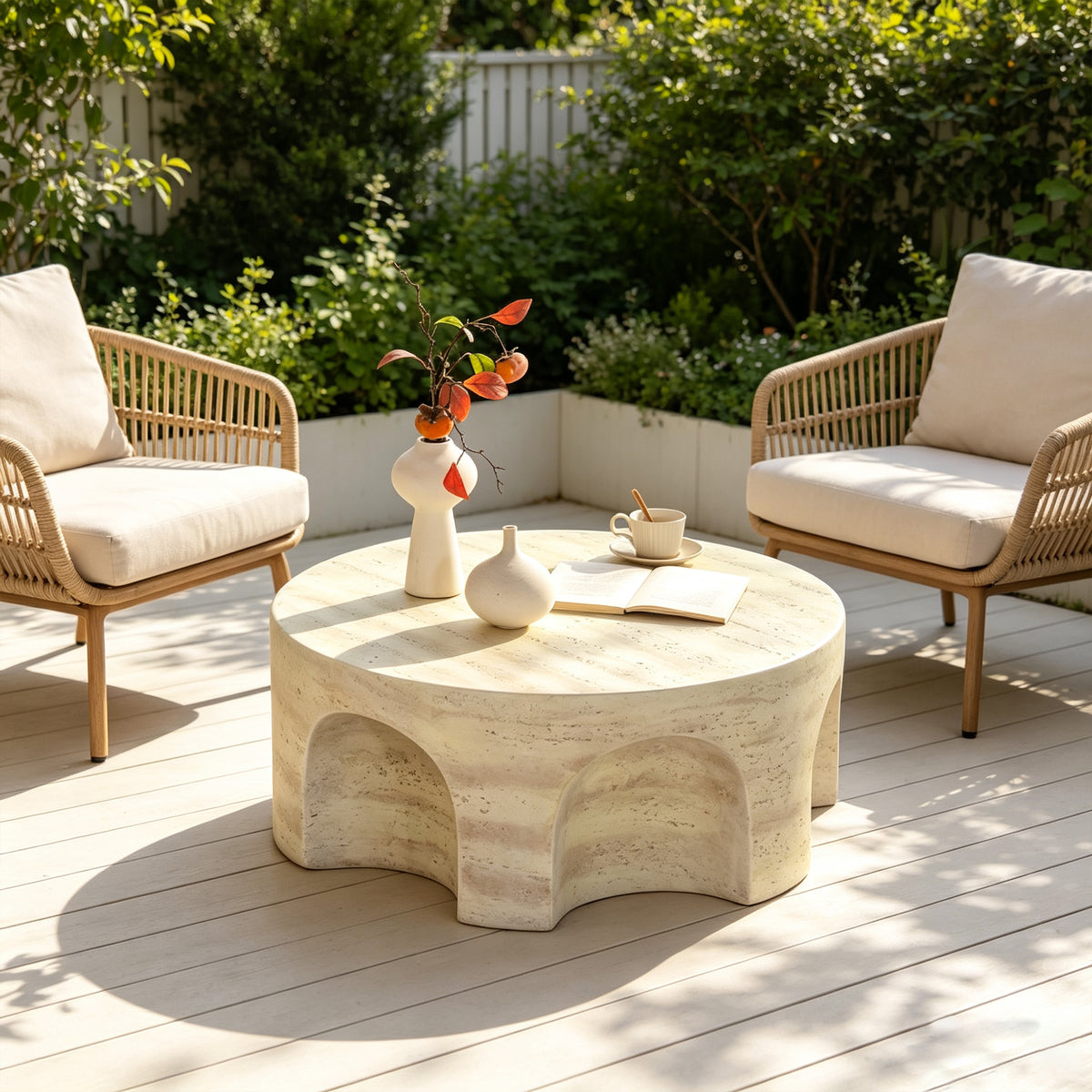 Beige Travertine-Look Arched Round Coffee Table, 31.5 in