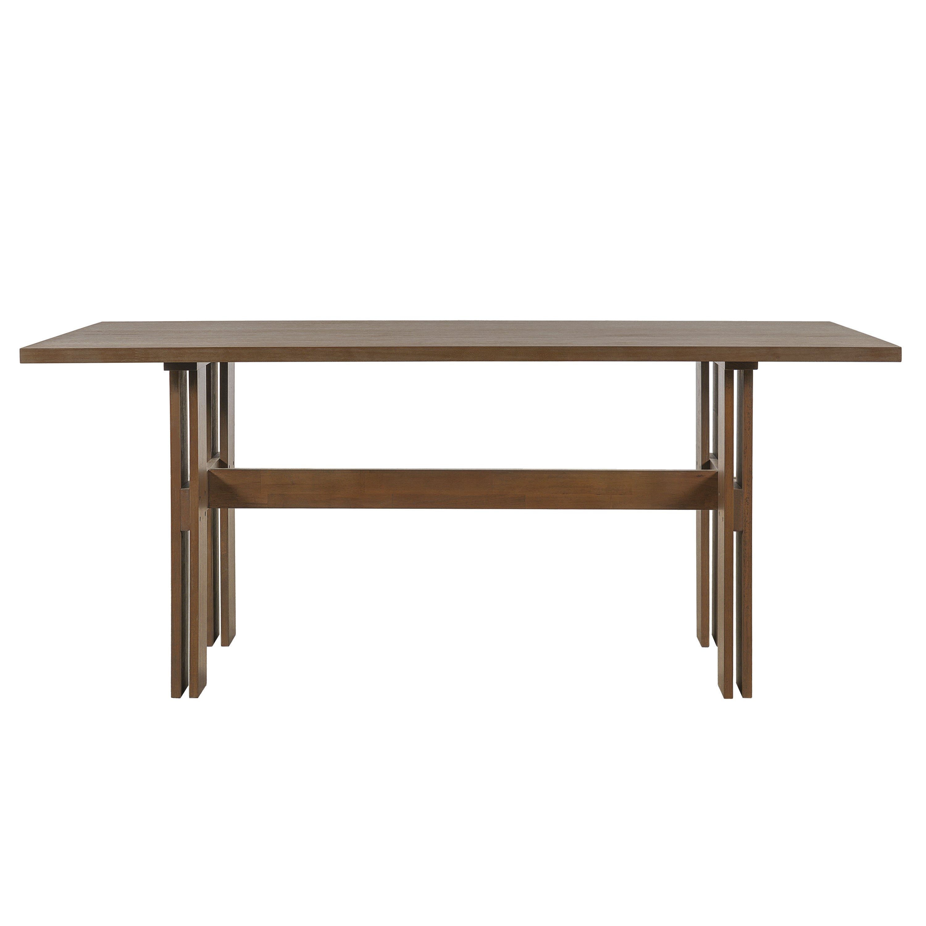 Front three-quarter studio view of the walnut-tone dining table with twin-plank legs, white background