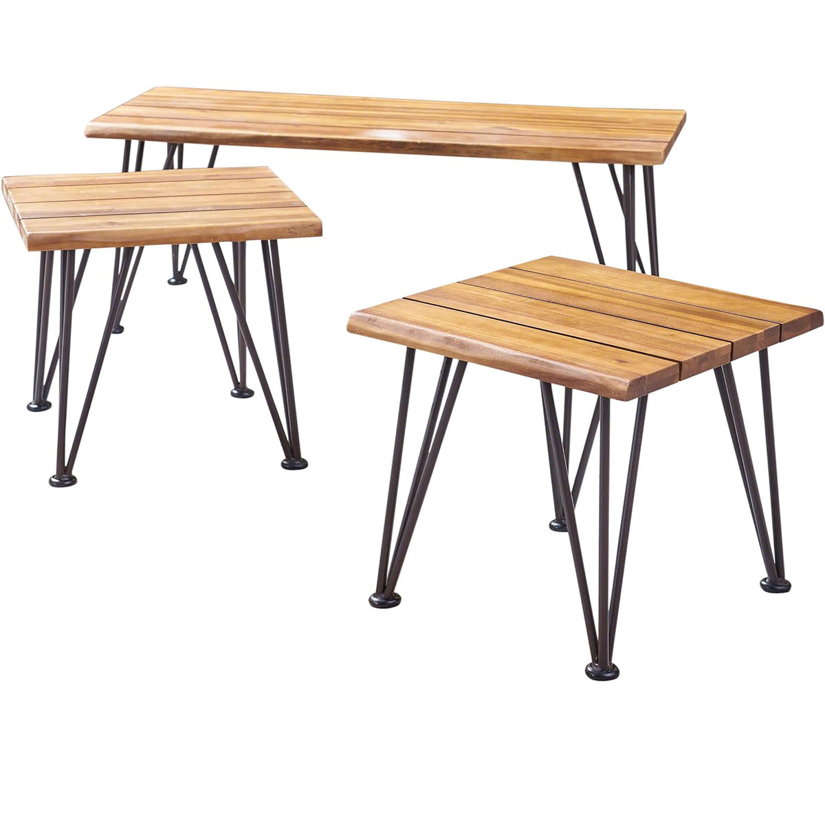 Teak Finish 3-Piece Outdoor Coffee Table Set, 18 in Wide