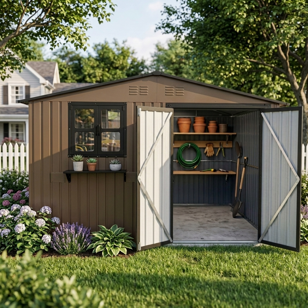 8x10 ft Brown Metal Storage Shed with Window