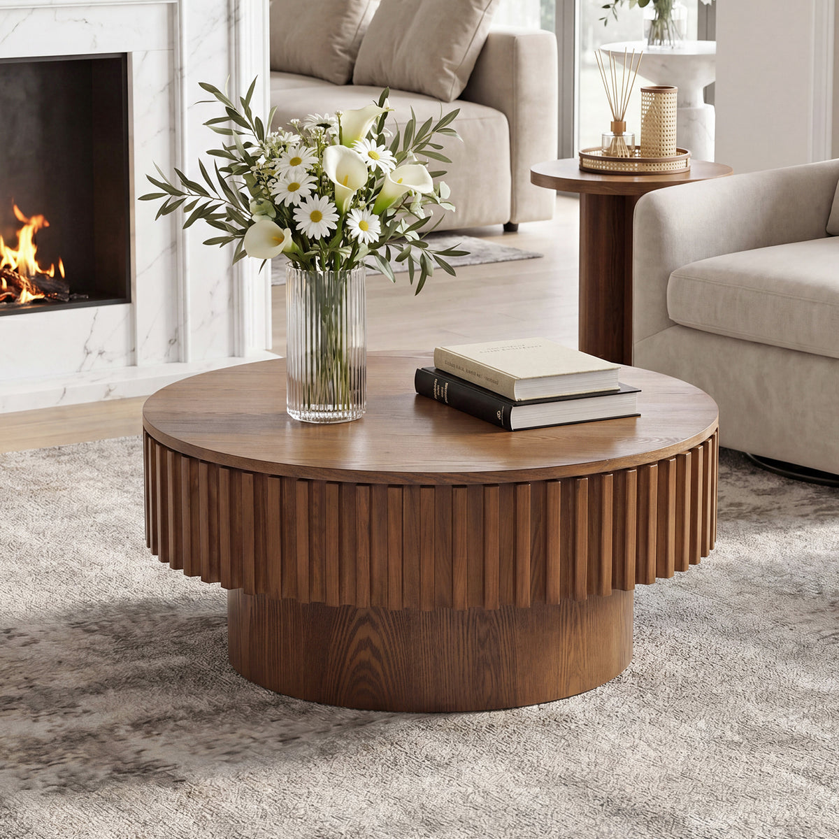 Walnut Round Fluted Drum Coffee Table with Storage, 31.5 in