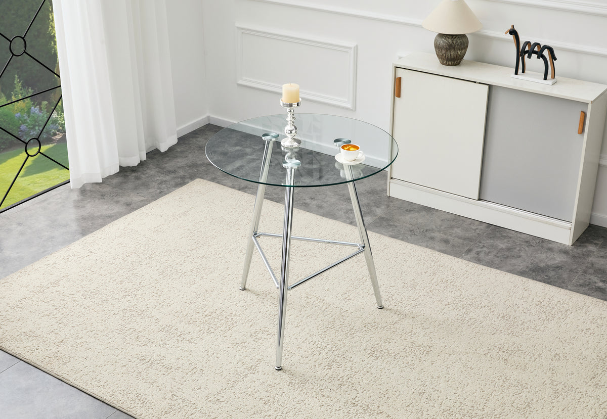 Round Glass Bar Table, 34-Inch Tempered Top, Chrome Tripod Legs