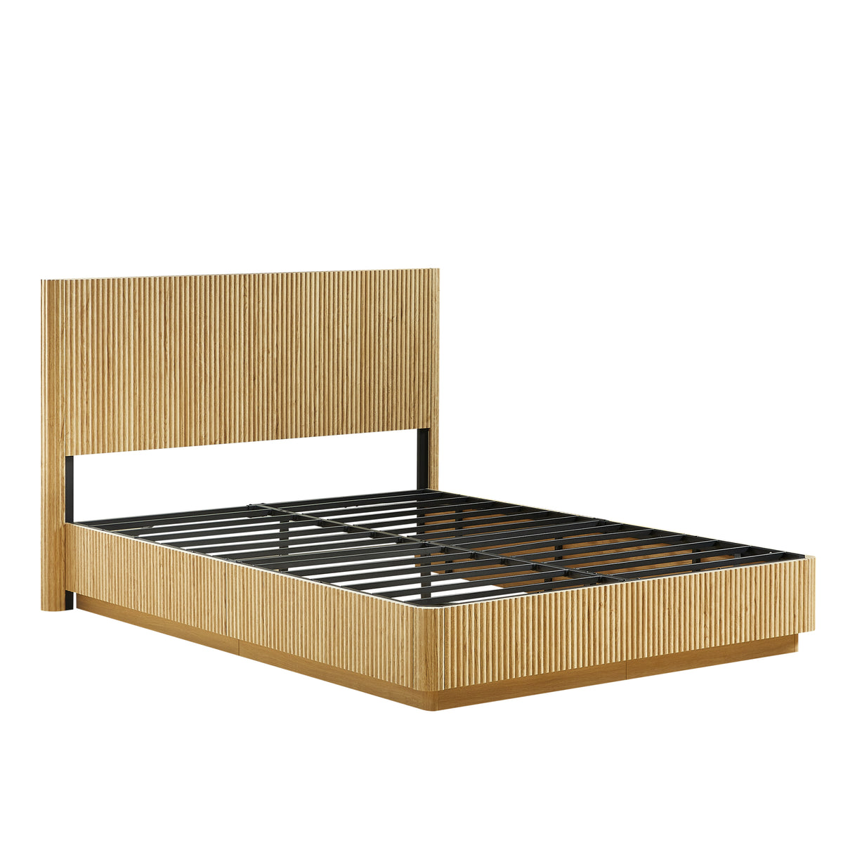 Studio angled view of light oak fluted queen bed frame with bare black metal slats, no mattress