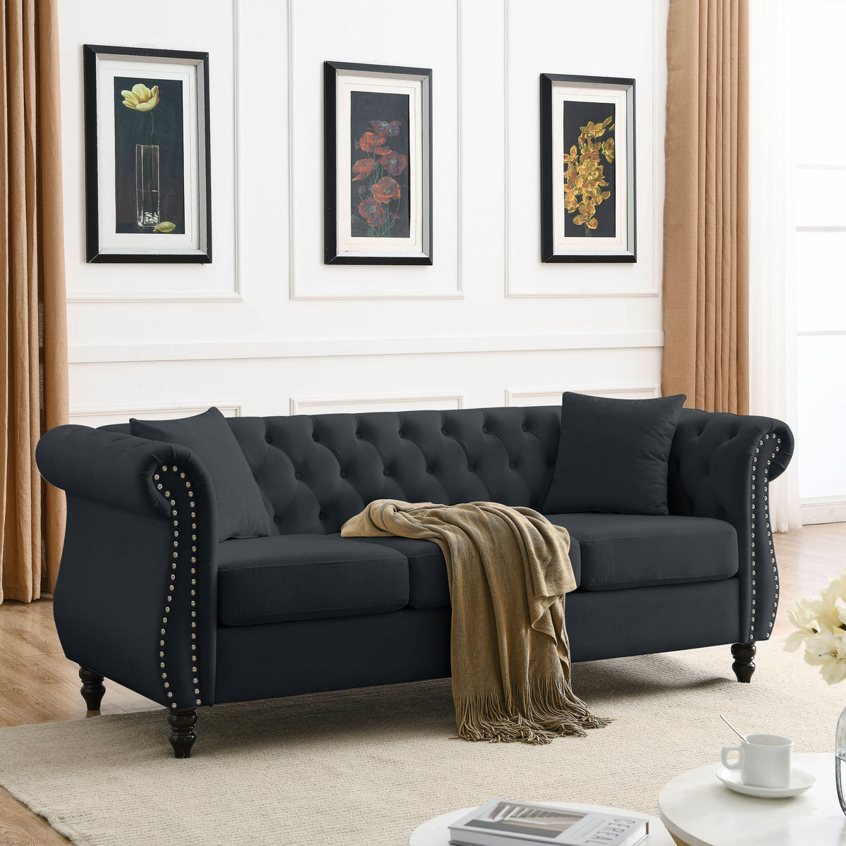 Black Velvet 3-Seat Tufted Chesterfield Sofa, 80 in Wide