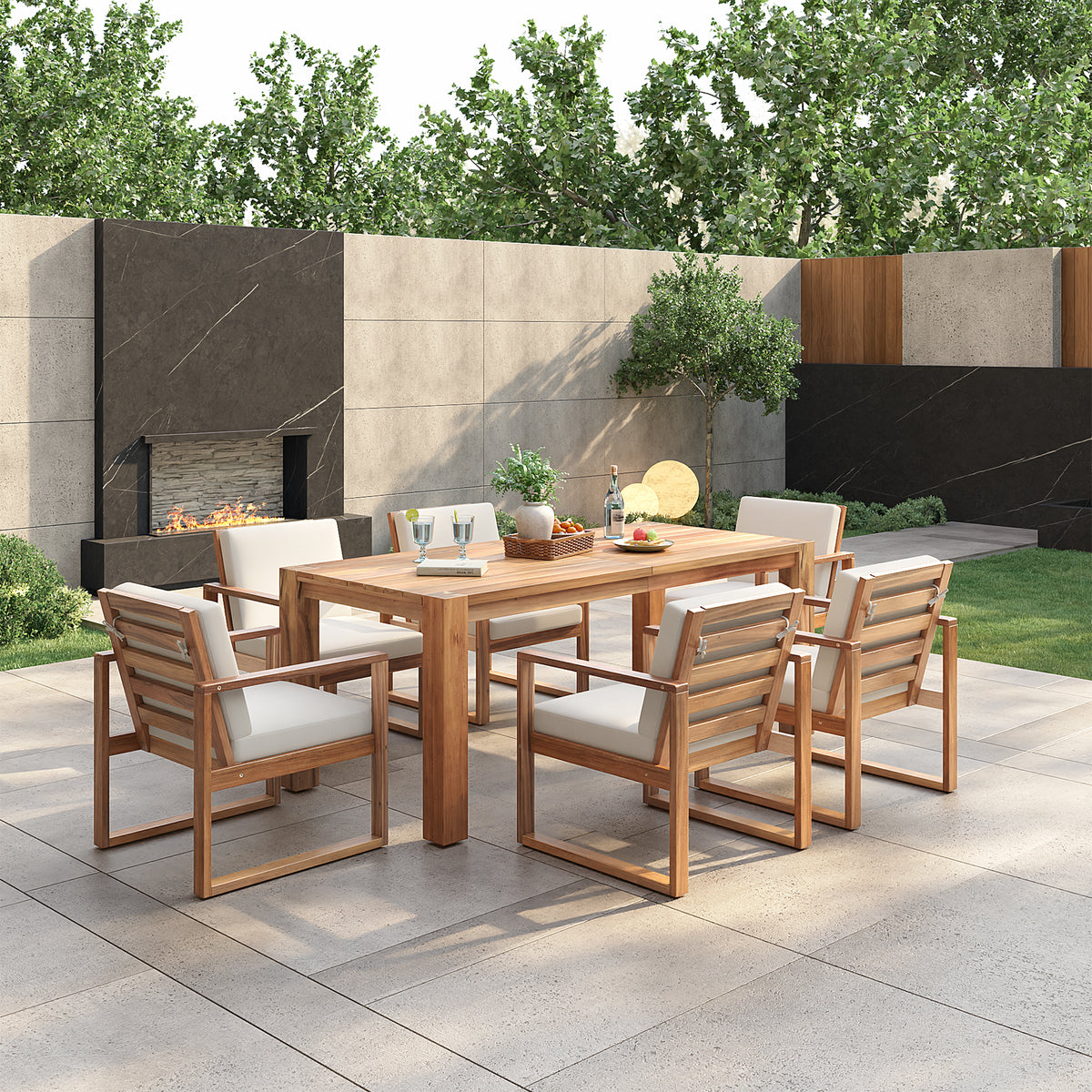 Light Teak Finish Solid Wood 7-Piece Patio Dining Set for 6 with Beige Cushions