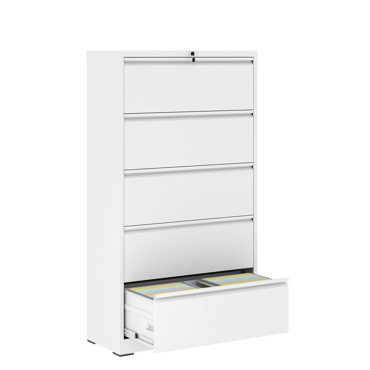 Modern Metal File Cabinet, 5 Drawers, Locking, 64.2 in Tall, White, 35.5 in Wide