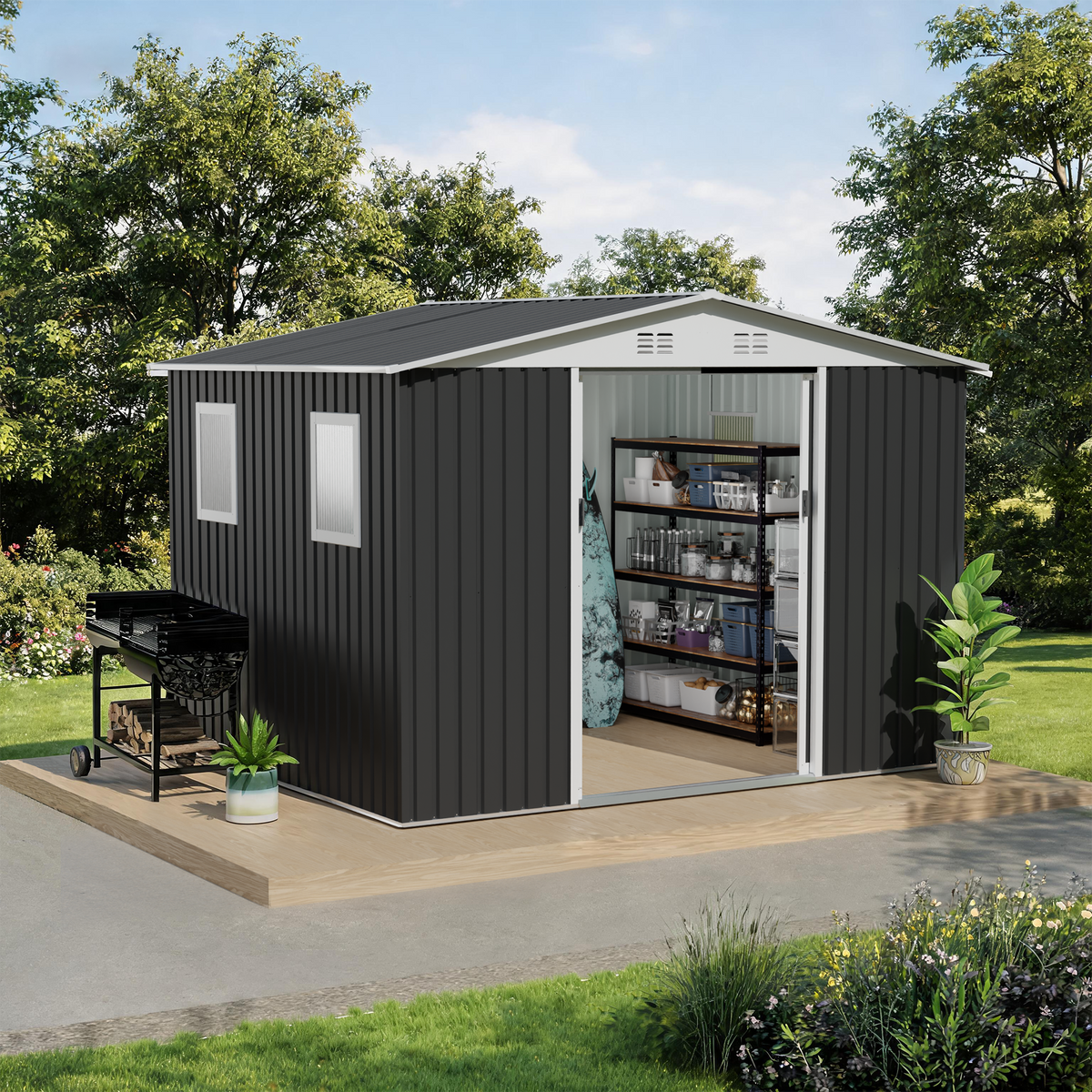 8x10 ft Gray Metal Storage Shed with Window, Apex Roof