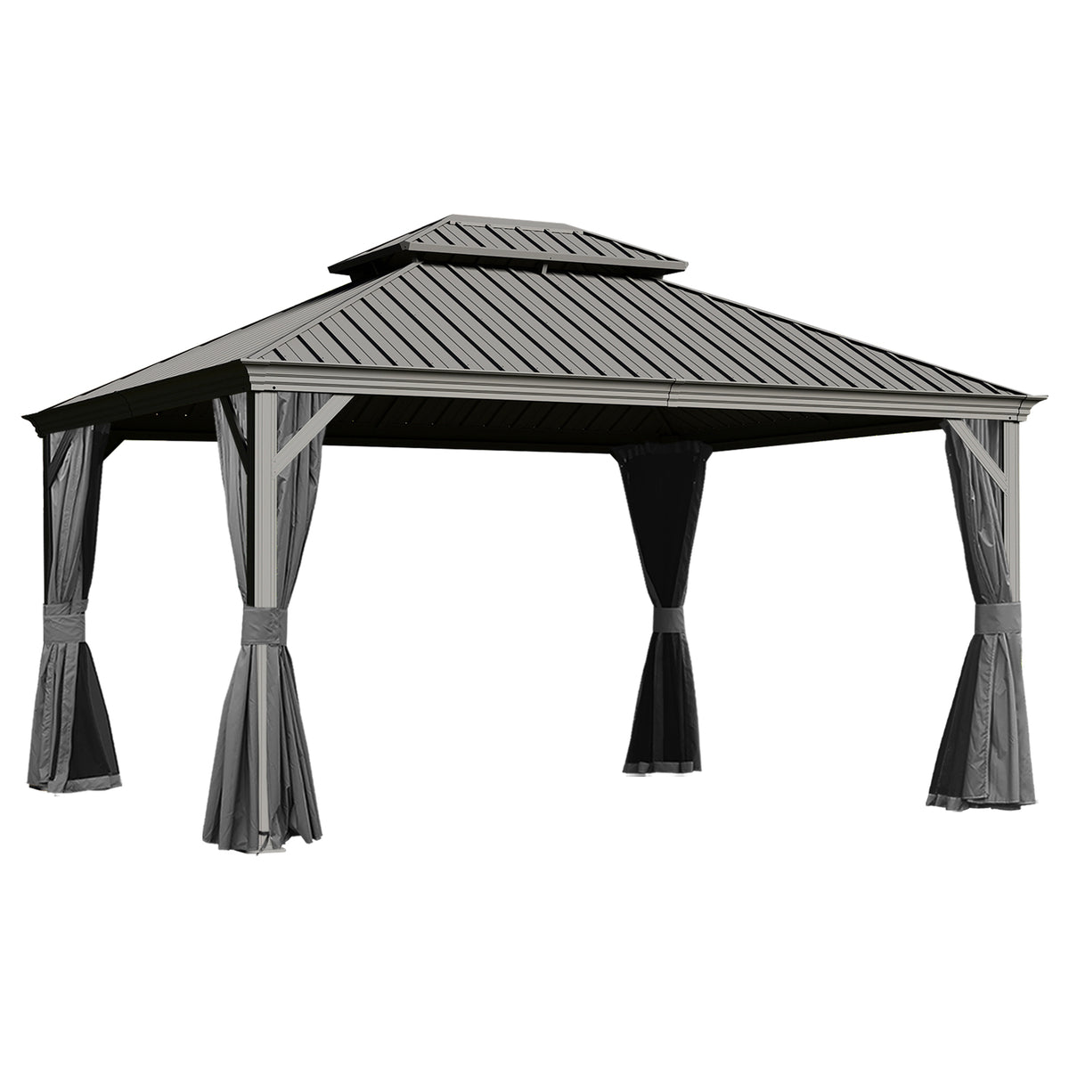 13x15 ft Gray Metal Double Roof Hardtop Gazebo with Netting and Curtains