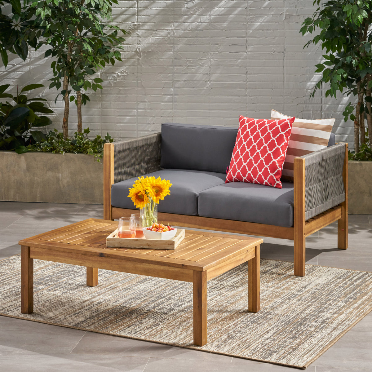 Teak Finish Solid Wood Outdoor Sofa Set with Cushions