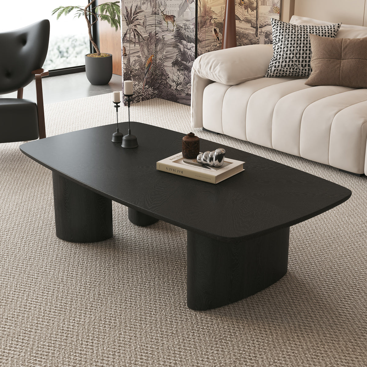 Black Rustic Wood-Grain Rectangular Coffee Table, 51.2 in