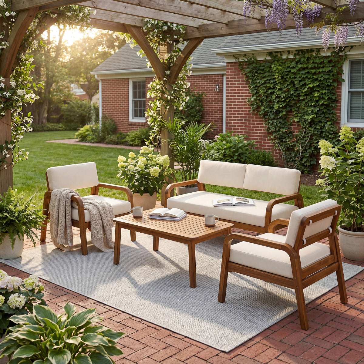Teak Finish Solid Wood 4-Piece Outdoor Sofa Set for 4 with Cushions