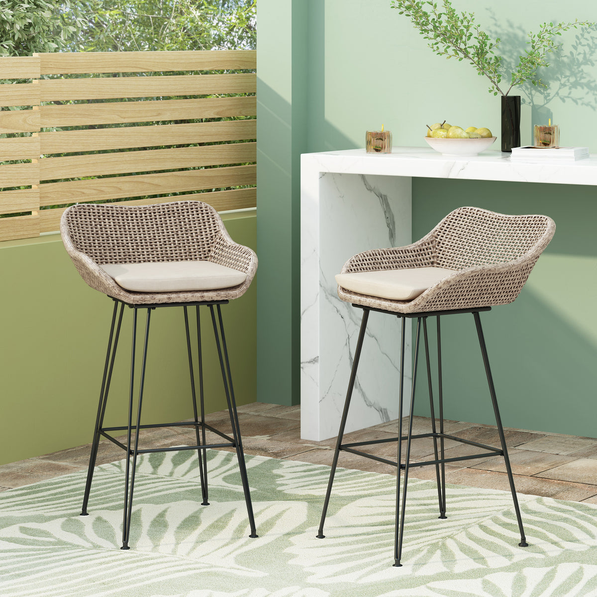 Light Brown Wicker Low Back Outdoor Bar Stool, Set of 2, 29.3 in Seat