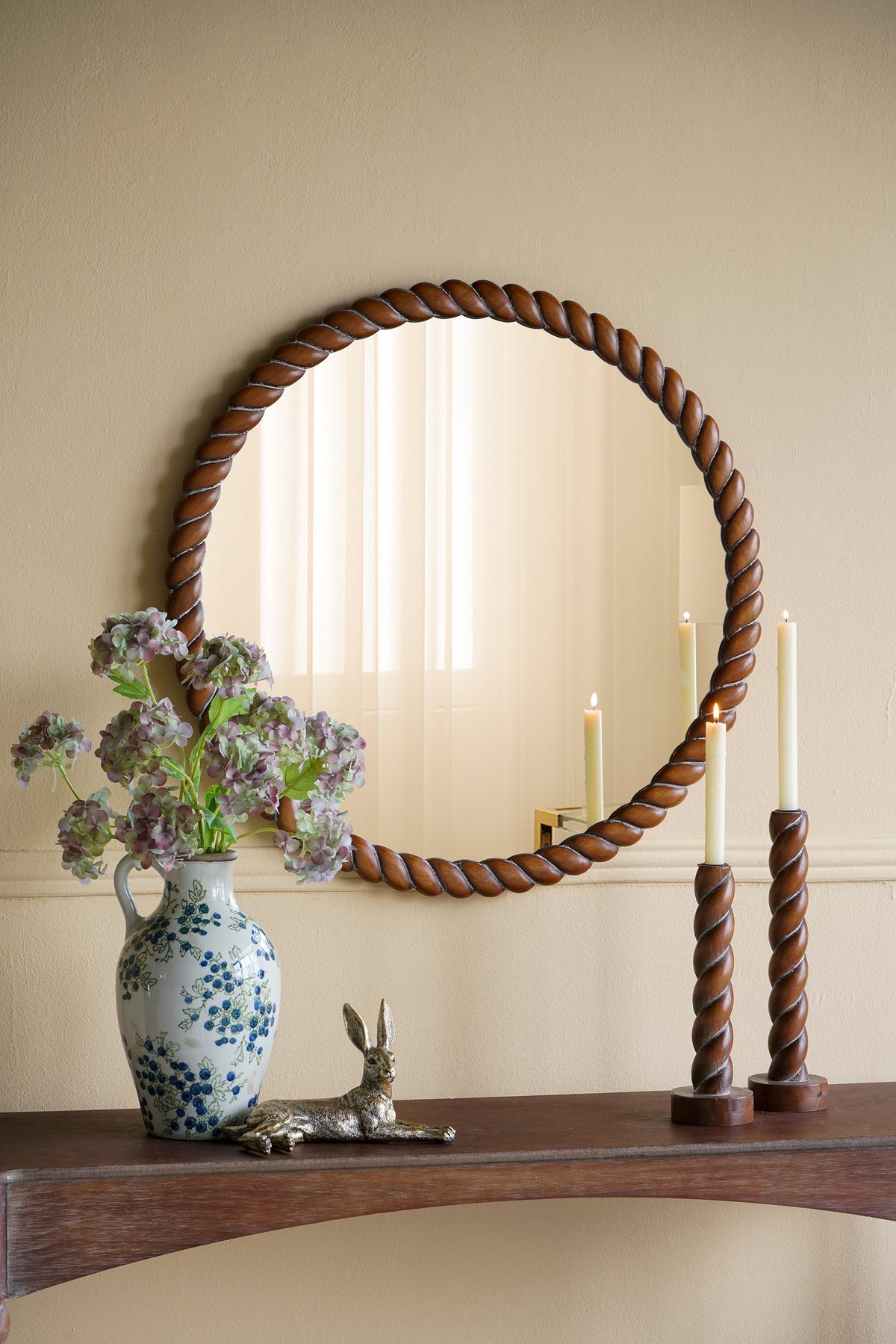 Rope Twist Round Wall Mirror, Brown Wood Frame