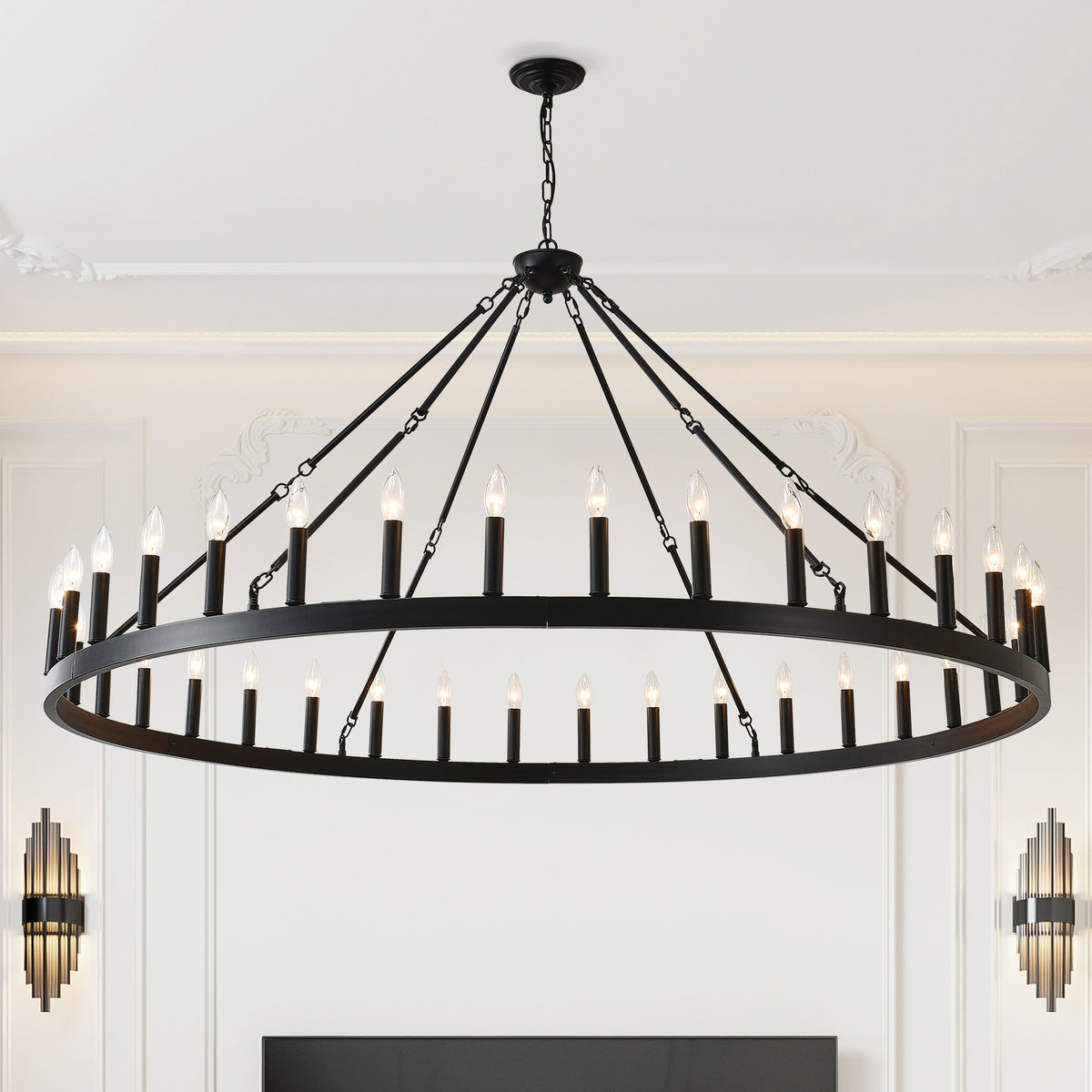 63-Inch Round Chandelier, 36-Light Iron, Matte Black
