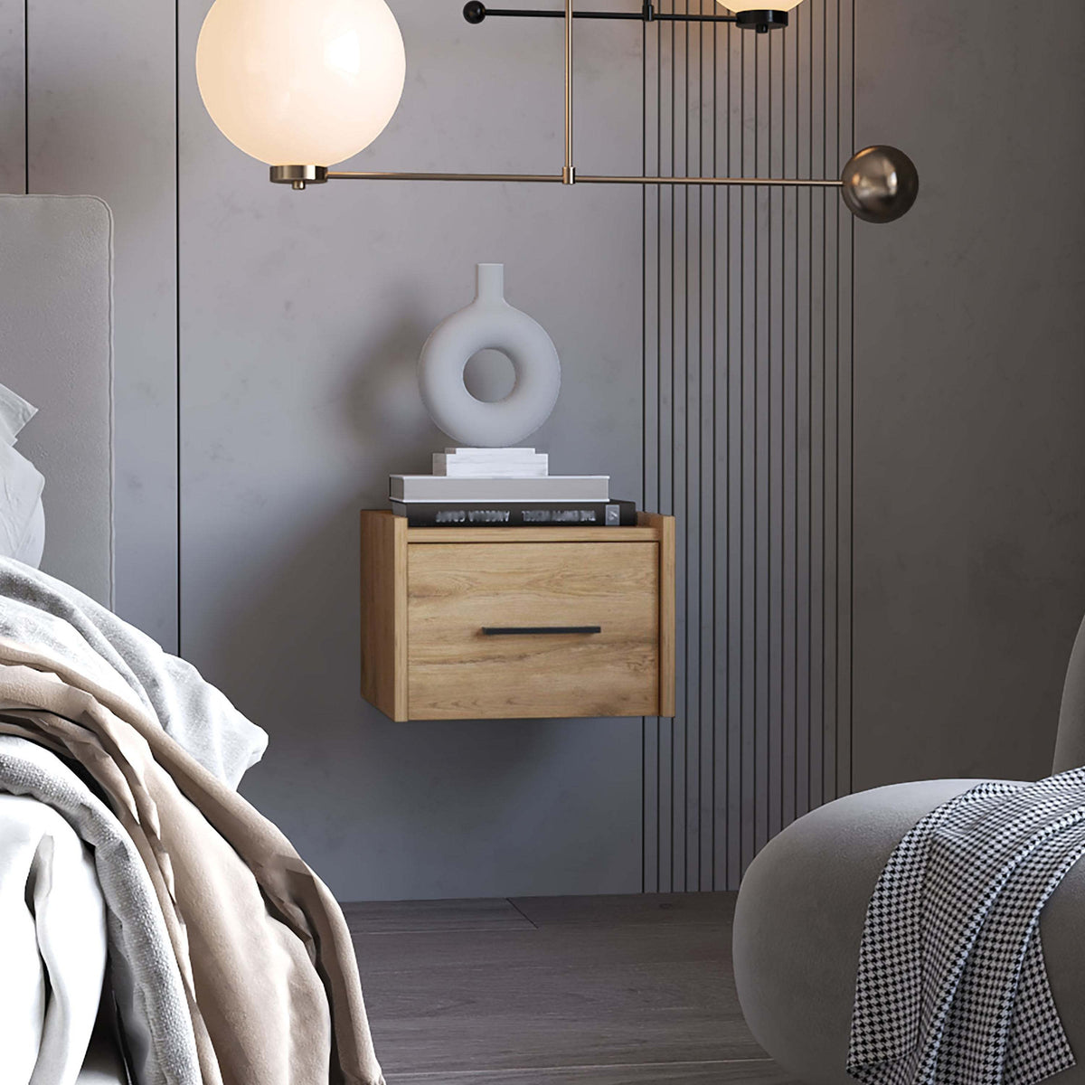 Natural Oak Narrow Floating Wall-Mounted Nightstand with Drawer and Open Shelf